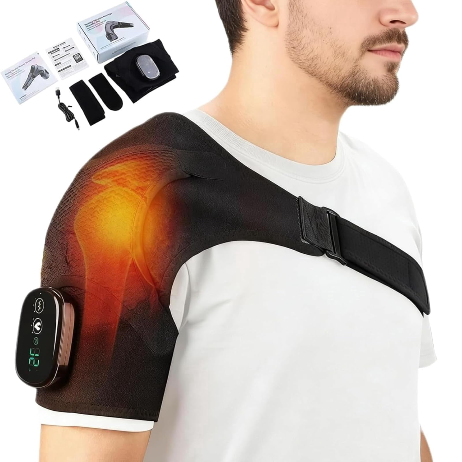 Vital Triple Method Shoulder Massager, Compression & Vibration – Triple Method Cordless Heated Wrap, 3 Heating Levels & 3 Vibration Modes, Adjustable Straps for Deep Tissue Pain Relief