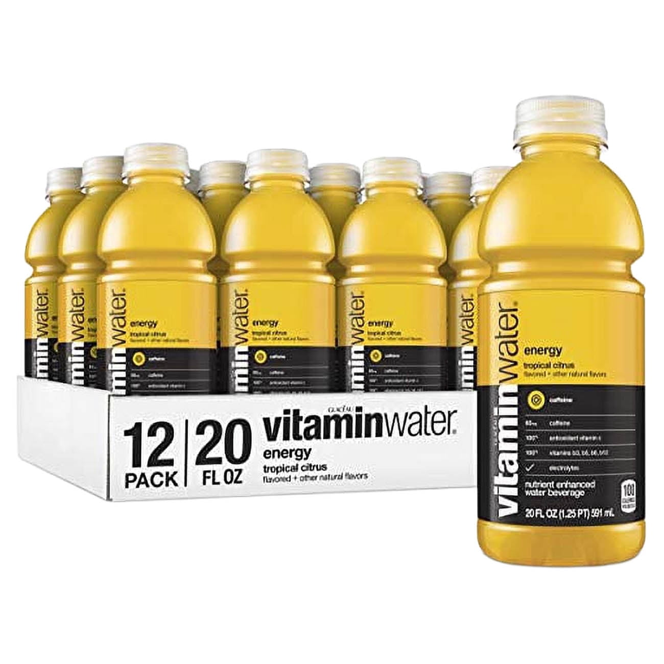 vitaminwater Energy, Tropical Citrus Flavored, Electrolyte Enhanced Bottled Water with Vitamin B5, B6, B12, 20 Fl Oz, 12 Pack