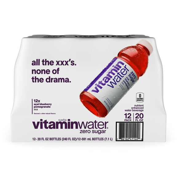 vitaminwater XXX Zero Sugar Acai-Blueberry-Pomegranate Water Beverage Bottles, 20 fl oz, 12 Pack