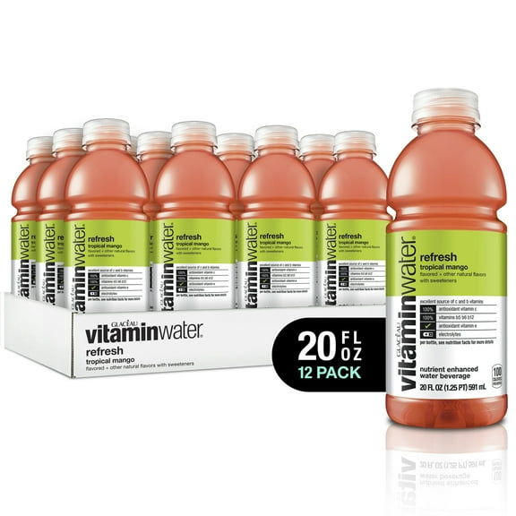 vitaminwater Zero Sugar refresh Case of 12 (20 oz Bottles) | Tropical Mango Flavor | Nutrient Enhanced Hydration Drink with Vitamins C, B5, B6 & B12 + Electrolytes