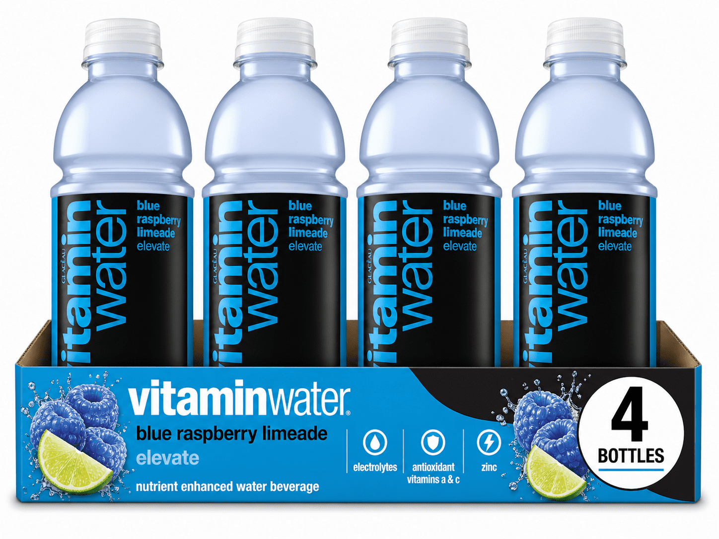 vitaminwater elevate Blue Raspberry Limeade Nutrient Enhanced Water Beverage, Naturally Flavored, 4 Count