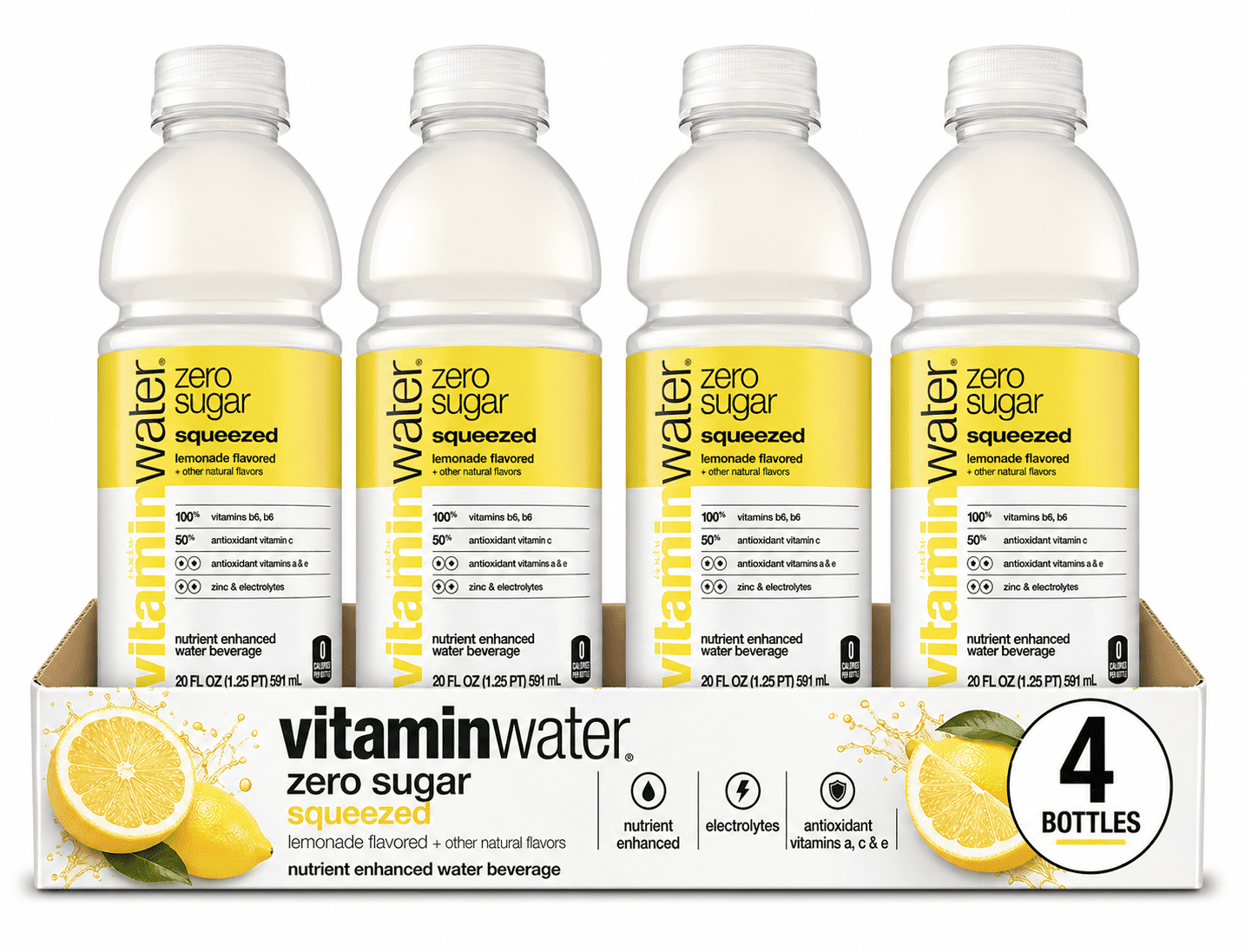 vitaminwater zero sugar Squeezed Lemonade Nutrient Enhanced Water Beverage, Naturally Flavored, 4 Count