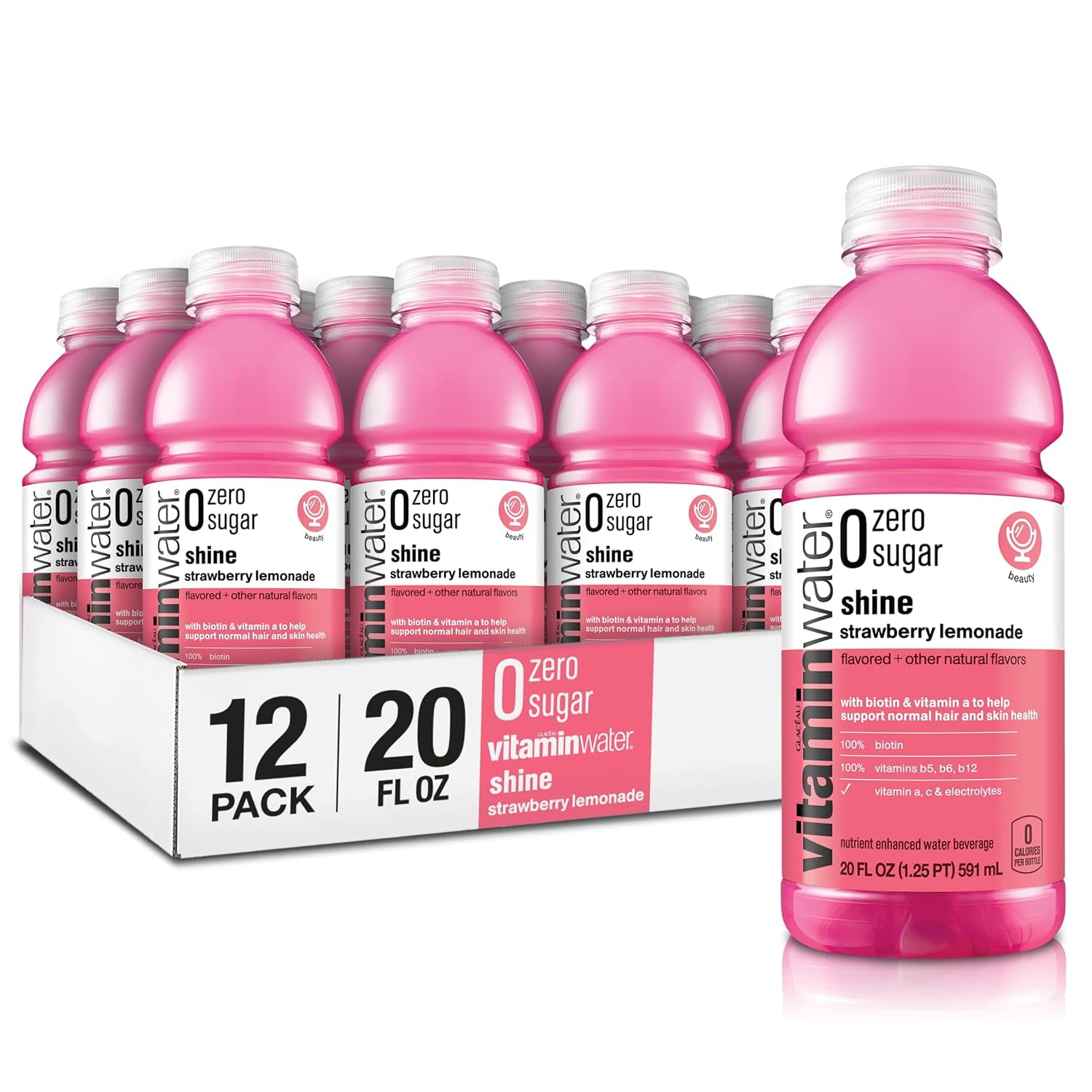 vitaminwater zero sugar shine, electrolyte enhanced water w/ vitamins, strawberry lemonade