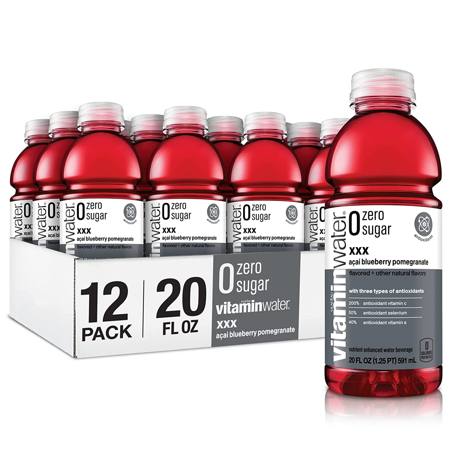 vitaminwater zero sugar xxx, electrolyte enhanced water w/ vitamins, aaiblueberrypomegranate