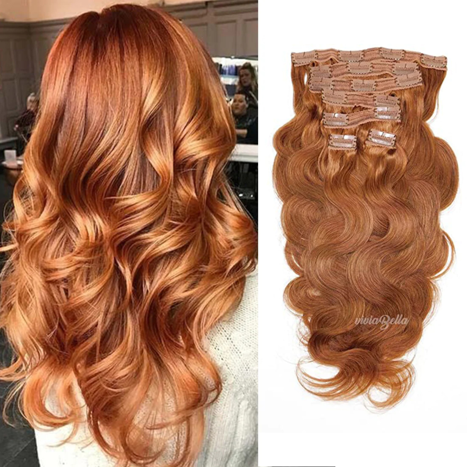 viviaBella Body Wave Virgin Hair Clip in Human Hair Extensions Copper