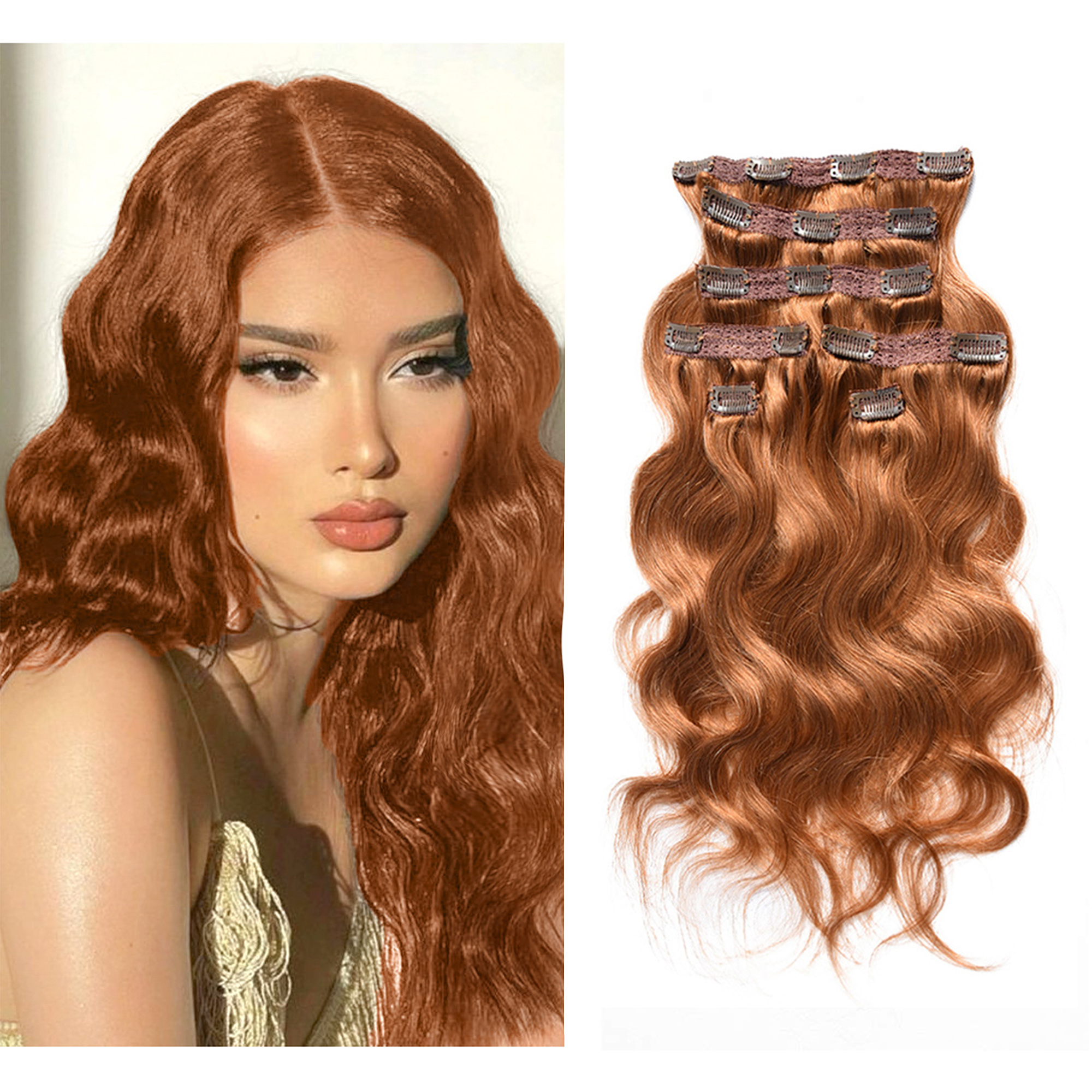 viviaBella Body Wave Virgin Hair Clip in Human Hair Extensions Copper