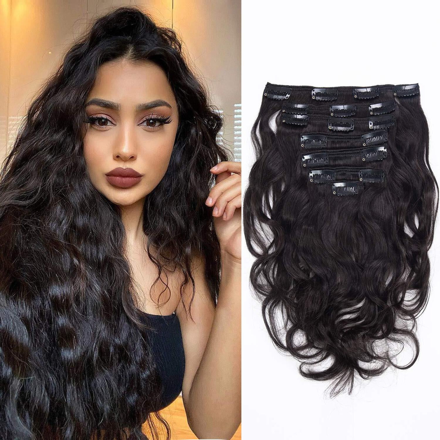 viviaBella Body Wave Virgin Hair Clip in Human Hair Extensions Natural