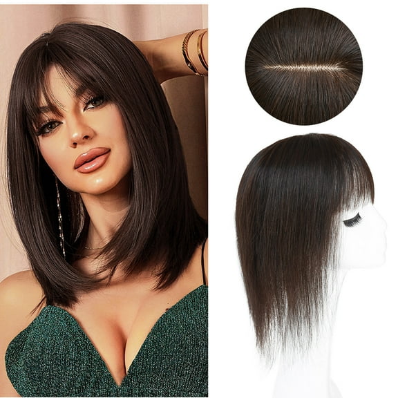 viviaBella Human Hair Topper with Bangs - Clip-In Solution for Thinning Hair, Dark Brown, 12 Inch Silk Base