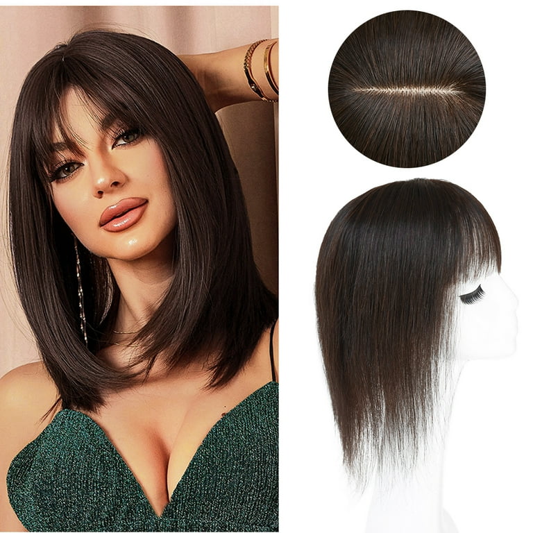 12 Inch Human Hair Topper with Silk Base & Bangs for Thinning Hair viviabella Hair Toppers for Women Clip in Human Hair Pieces  main image 4