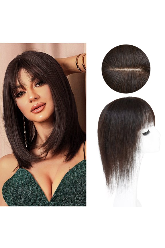 Human Hair Topper with Bangs - Clip-In Solution for Thinning Hair, Dark Brown, 12 Inch Silk Base