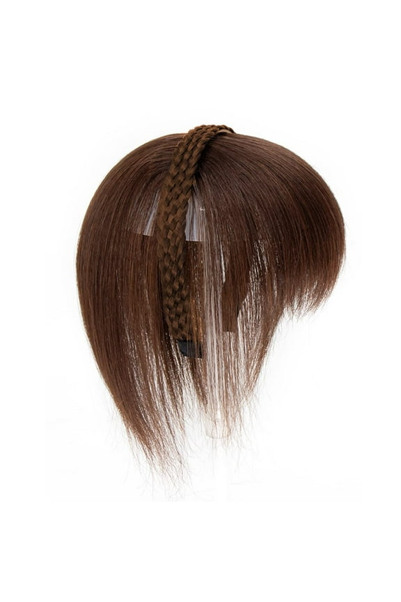 Women 10" Twist Braid Headband Straight Hairpieces Human Hair Clip In Topper Hair Extension With Bangs (Yellowish Dark Brown)