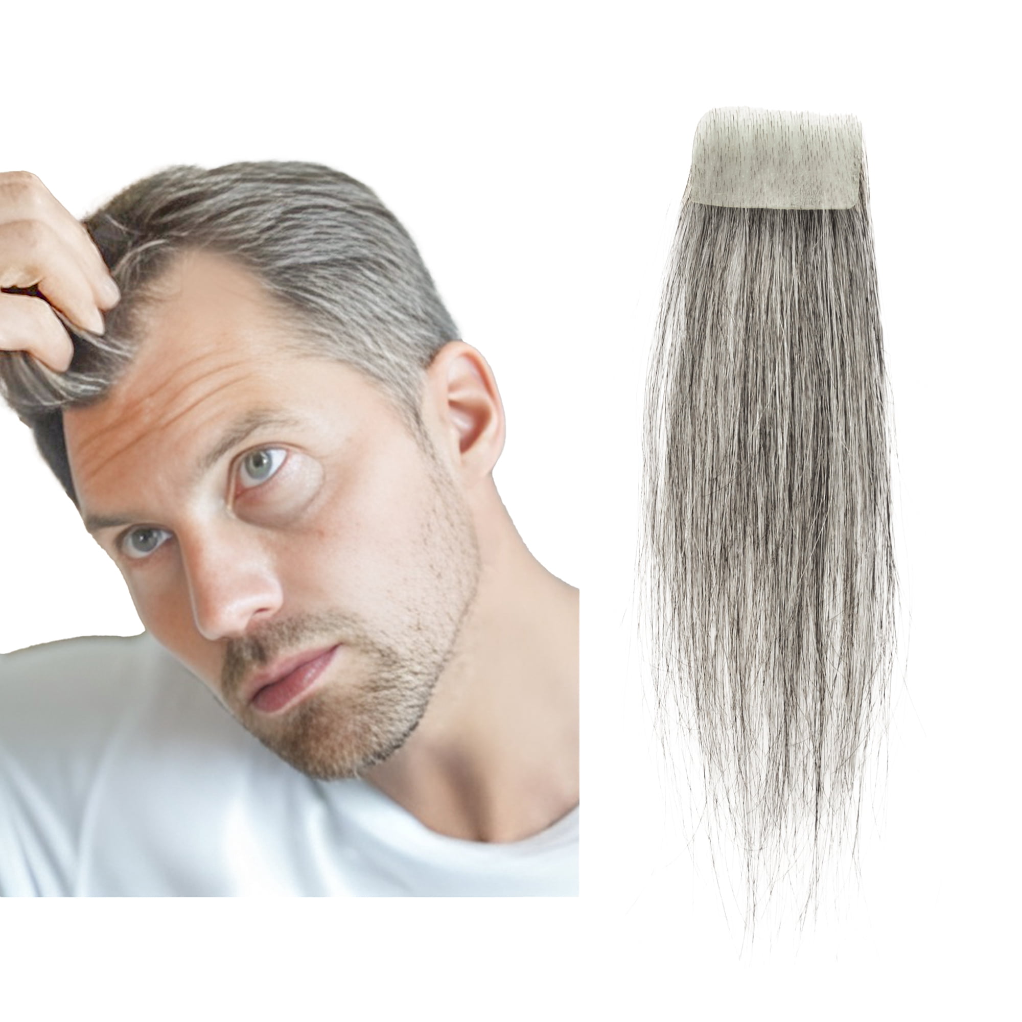 Human Hair Tape-In Hairpiece for Hairline Loss, 1.57x3 Inches viviaBella human hair bald spot hair patch toupee scar human  main image 2
