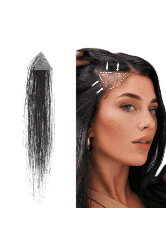 human hair hairloss on temples bald spot toupee scar human hair replacement hairline straight Tape-on Triangle hair patch for men and women(2Pcs)(about 1"X1"X1" Natural Black)