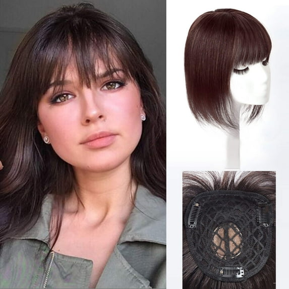 viviabella Hair Toppers for Women Clip in Human Hair Pieces With Bangs 8” 12” Silk Base Crown Top Toupee Fringe for Loss Thinning Hair Replacement Extensions for Straight Hair