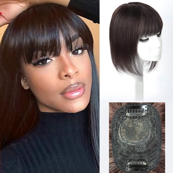 viviabella Hair Toppers for Women Clip in Human Hair Pieces With Bangs 8” 12” Silk Base Crown Top Toupee Fringe for Loss Thinning Hair Replacement Extensions for Straight Hair