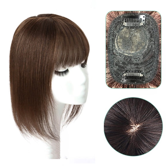 viviabella Hair Toppers for Women Clip in Human Hair Pieces With Bangs 8” 12” Silk Base Crown Top Toupee Fringe for Loss Thinning Hair Replacement Extensions for Straight Hair