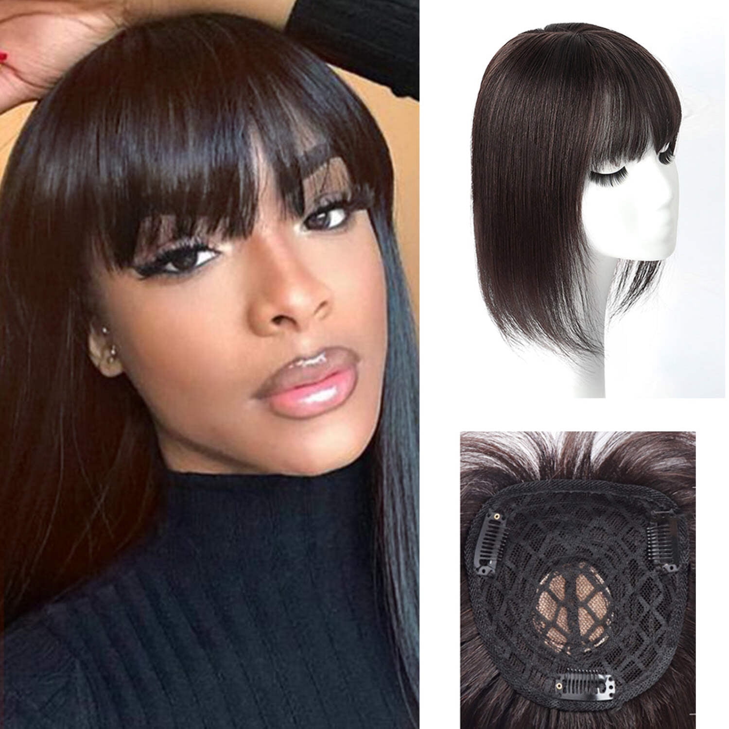 viviabella Hair Toppers for Women Clip in Human Hair Pieces With Bangs 8” 12” Silk Base Crown Top Toupee Fringe for Loss Thinning Hair Replacement Extensions for Straight Hair