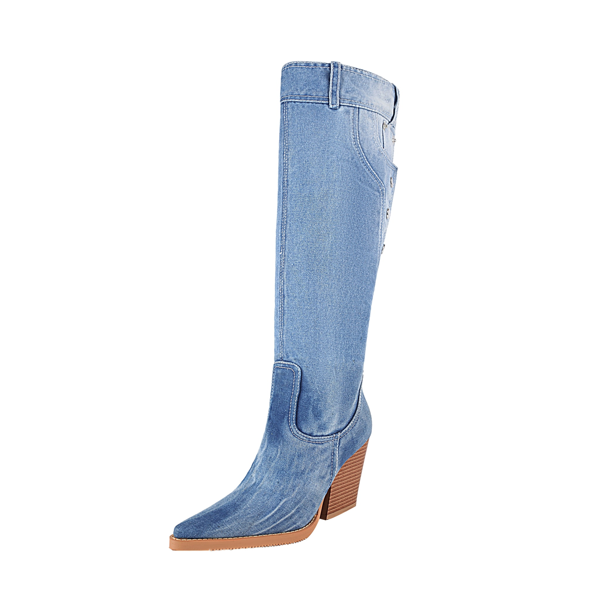 vivianly Women Western Cowboy Denim Knee High Boots Pointy Toe Chunky Stacked Heel Cowgirl Boot