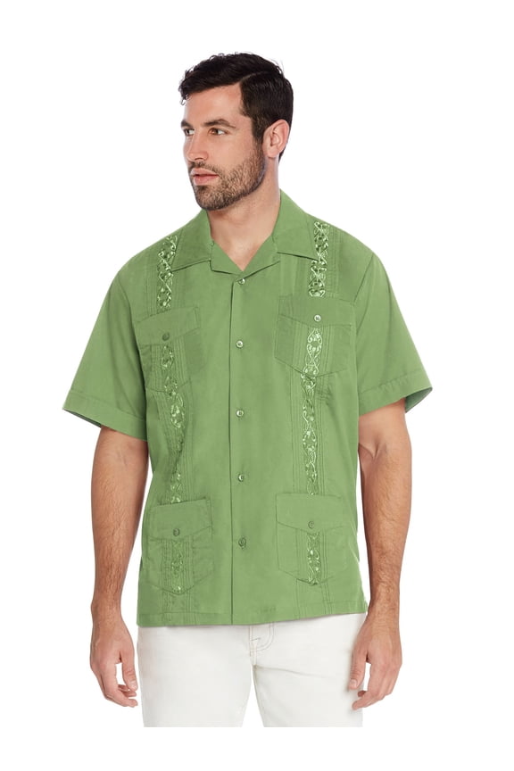 Men's Guayabera Cuban Beach Wedding Casual Short Sleeve Dress Shirt (Apple Green, XL)