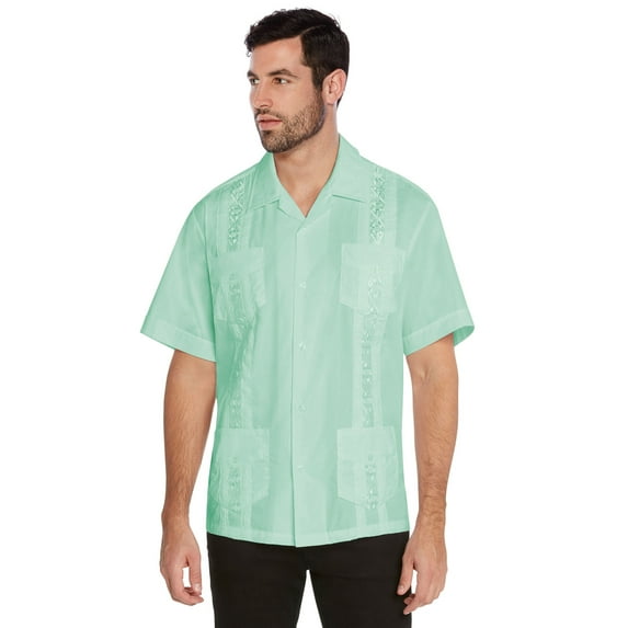 Men's Guayabera Cuban Beach Wedding Casual Short Sleeve Dress Shirt (Aqua, L)