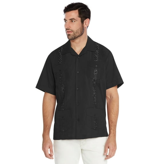 Men's Guayabera Cuban Beach Wedding Casual Short Sleeve Dress Shirt (Black, 3XL)