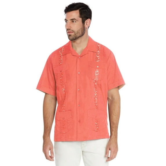 Men's Guayabera Cuban Beach Wedding Casual Short Sleeve Dress Shirt (Coral, 3XL)