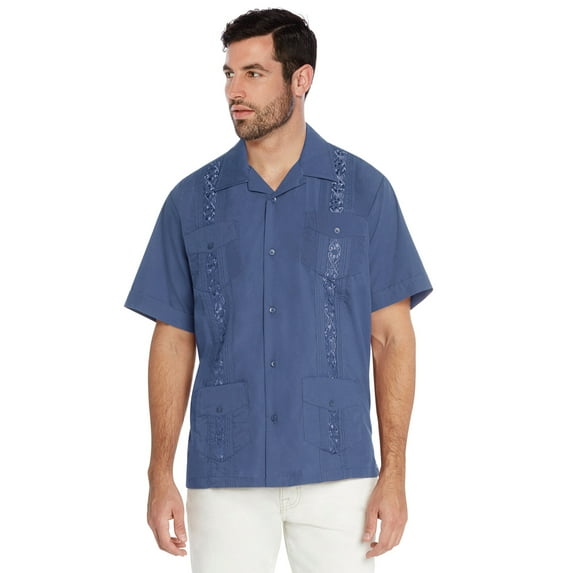 Men's Guayabera Cuban Beach Wedding Casual Short Sleeve Dress Shirt (French Blue, S)
