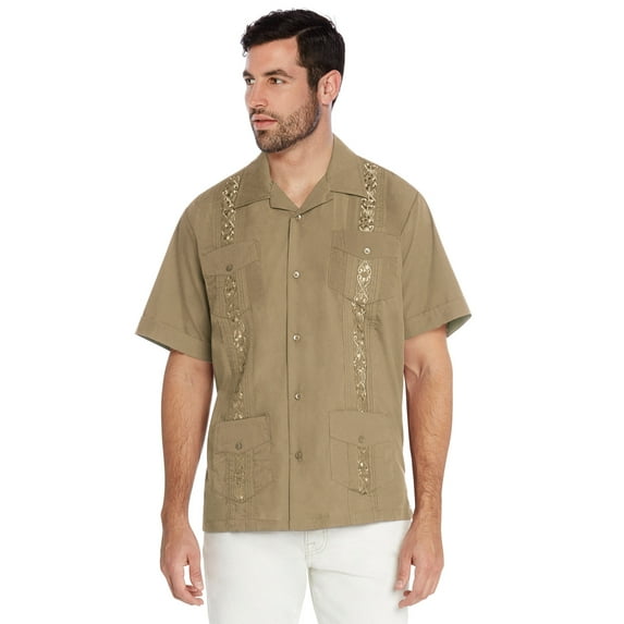 Men's Guayabera Cuban Beach Wedding Casual Short Sleeve Dress Shirt (Khaki, S)