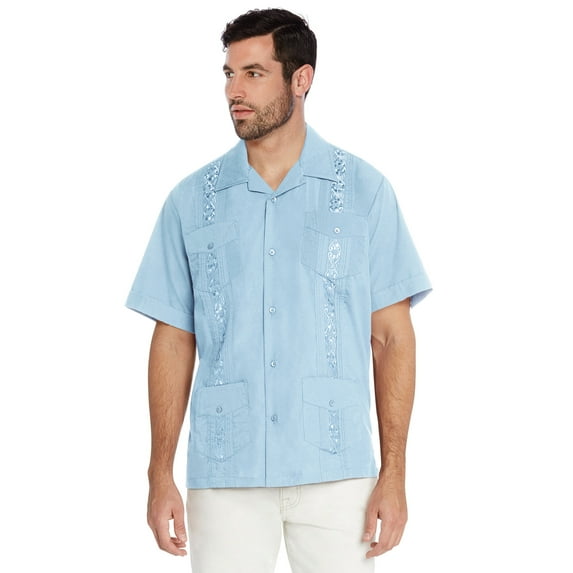 Men's Guayabera Cuban Beach Wedding Casual Short Sleeve Dress Shirt (Light Blue, XS)