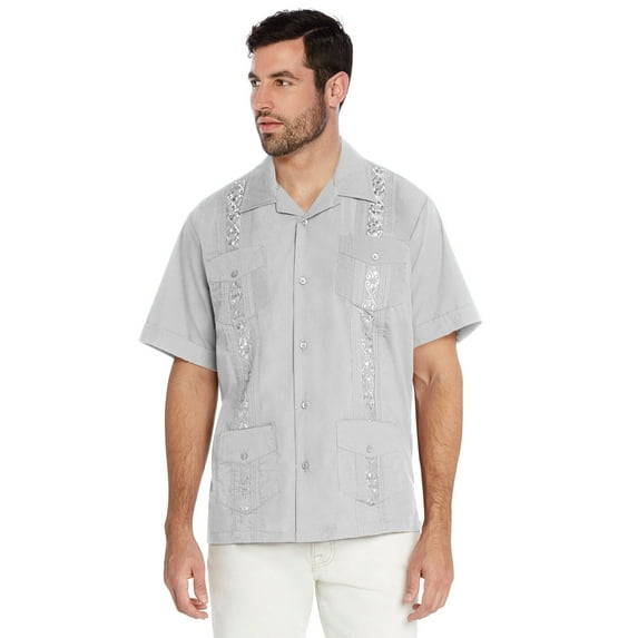 Men's Guayabera Cuban Beach Wedding Casual Short Sleeve Dress Shirt (Light Grey, 4XL)