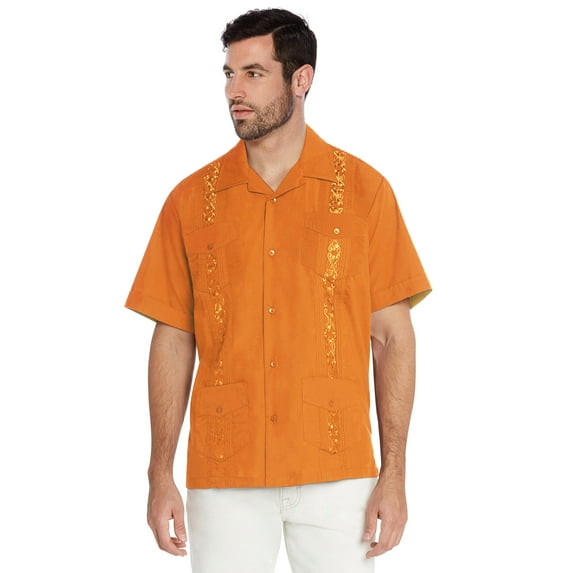 Men's Guayabera Cuban Beach Wedding Casual Short Sleeve Dress Shirt (Orange, M)