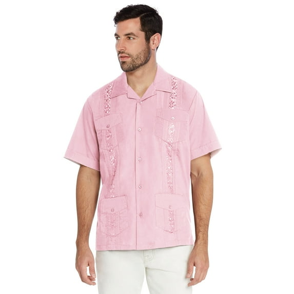 Men's Guayabera Cuban Beach Wedding Casual Short Sleeve Dress Shirt (Pink, 4XL)