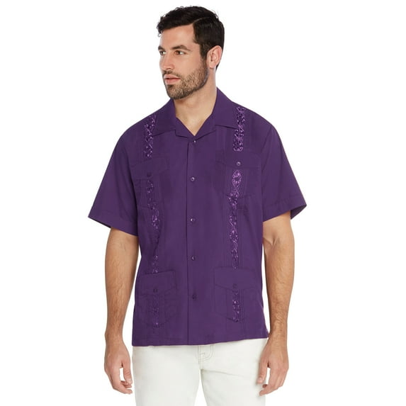 Men's Guayabera Cuban Beach Wedding Casual Short Sleeve Dress Shirt (Purple, 3XL)