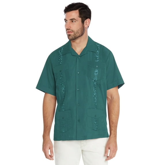 Men's Guayabera Cuban Beach Wedding Casual Short Sleeve Dress Shirt (Teal, XS)