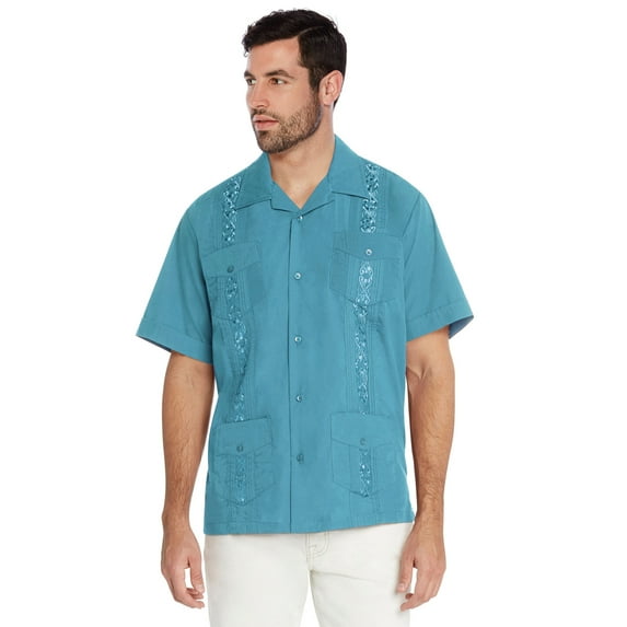 vkwear Men's Guayabera Cuban Beach Wedding Casual Short Sleeve Dress Shirt (Turquoise, M)