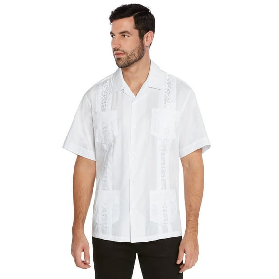 Men's Guayabera Cuban Beach Wedding Casual Short Sleeve Dress Shirt (White, L)