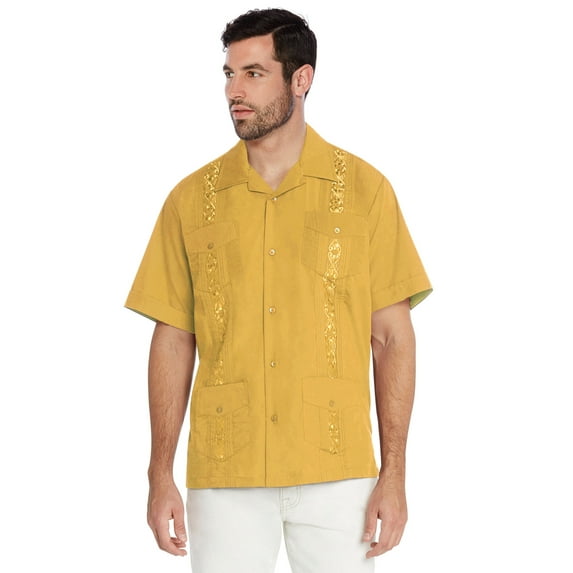 Men's Guayabera Cuban Beach Wedding Casual Short Sleeve Dress Shirt (Yellow, 2XL)