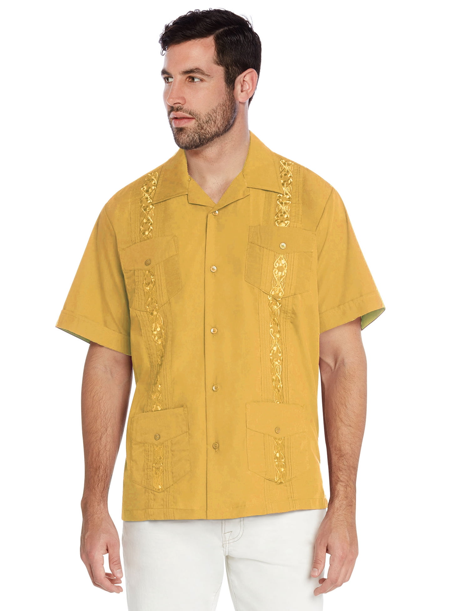 men's yellow short sleeve dress shirts Vkwear Men's Guayabera Cuban Beach Wedding Casual Short Sleeve Dress Shirt (Yellow, XS)