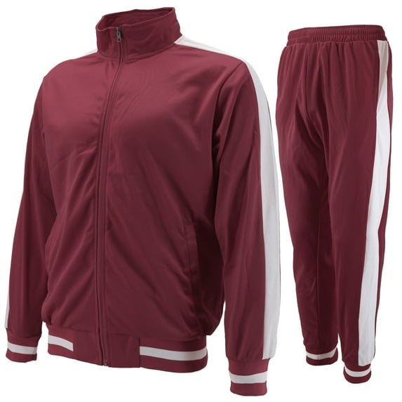 vkwear Men's Striped Athletic Running Jogging Gym Slim Fit Sweat Track Suit Set (Burgundy, 2XL)