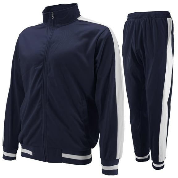 vkwear Men's Striped Athletic Running Jogging Gym Slim Fit Sweat Track Suit Set (Navy, M)
