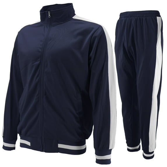 vkwear Men's Striped Athletic Running Jogging Gym Slim Fit Sweat Track Suit Set (Navy, XL)
