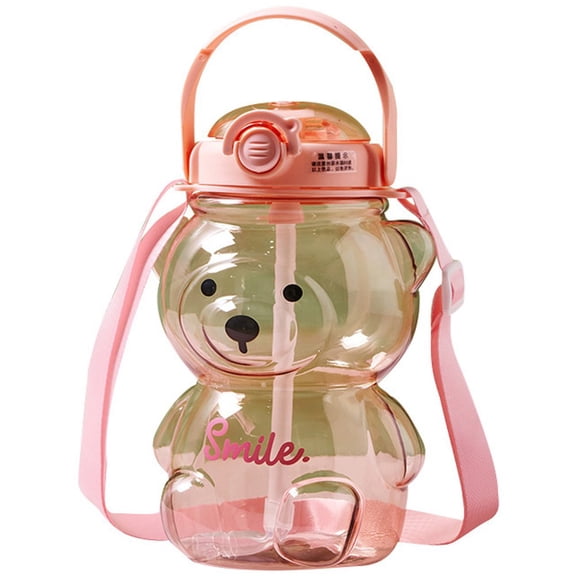 vlrwzc 1000ml Large Kawaii Bear Shaped Water Bottle with Straw and Strap Cute Portable Bear Drinks Bottle for Daily Sports Working