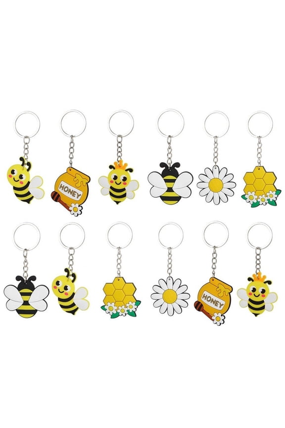 12pcs Cartoon PVC Bee Key Chain Sunflower Metal Key Ring Honey Pot Creative Key Chain Backpack Pendant Fashion Jewelry