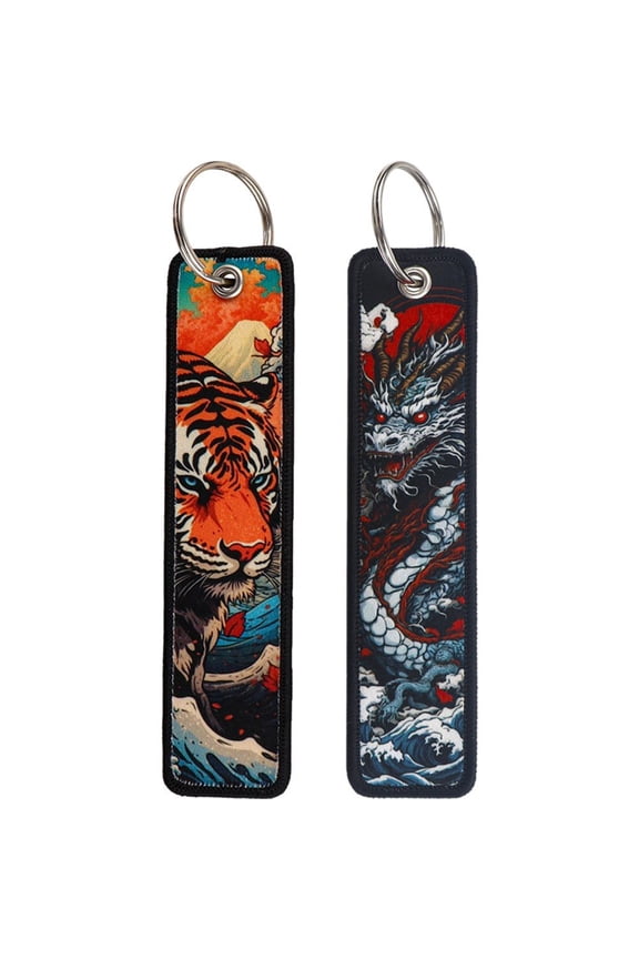 2pcs Dragon and Tiger Embroidery Key Fob Japanese Cartoon Keychain Motorcycle Keychain Woven Label Keychain for Backpacks, Wallets, Car