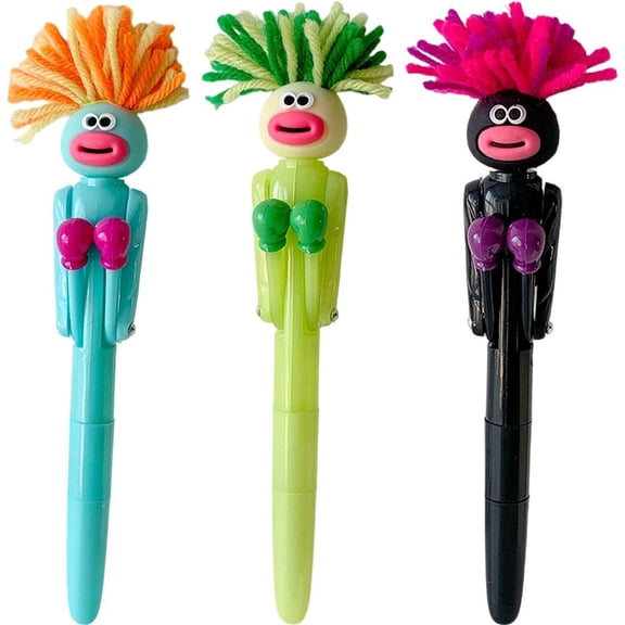vlrwzc 3 Pcs Fun Character Boxing Pen, Funny Fried Hairy Boxing Ballpoint Pen, Cartoon Interactive Decompression Pen Office Stationery Writing Pen
