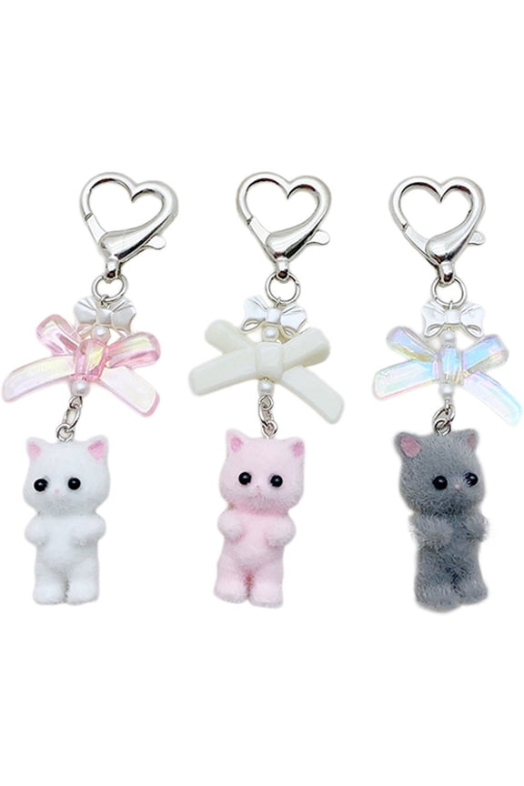 3 Pcs Fuzzy Kitty Cat Keyring Y2K Cat Bow Heart Pendant Kawaii Cat Bag Charm Cute Cat Keychain for Women