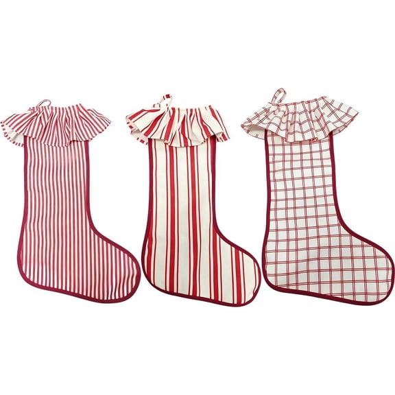 vlrwzc 3-Piece Plaid Christmas Stocking Set, Ruffled Hanging Candy Bags for Xmas Fireplace Decor, 3 Pcs