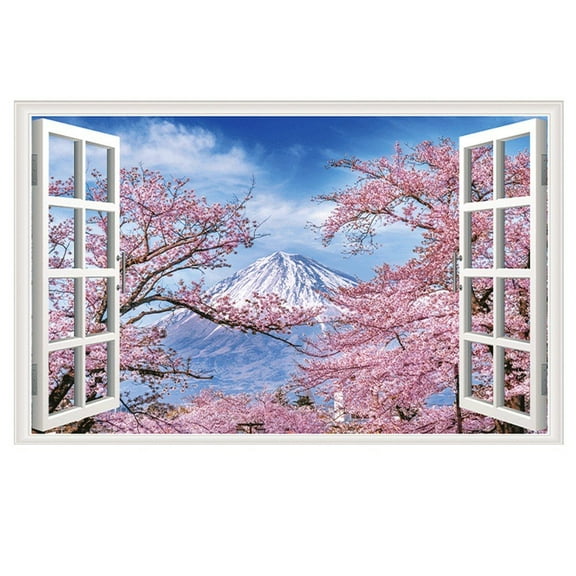 vlrwzc 3D Fake Window View Wall Sticker Natural Scenery Fake Window Stickers Sakura Snow Mountain Village Theme Wallpaper for Home