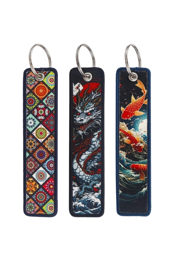 3pcs Cartoon Key Ring Dragon and Koi Embroidery Keychain Lanyard Tags Key Strap, Motorcycle Keychain Keychain for Backpacks, Wallets, Car