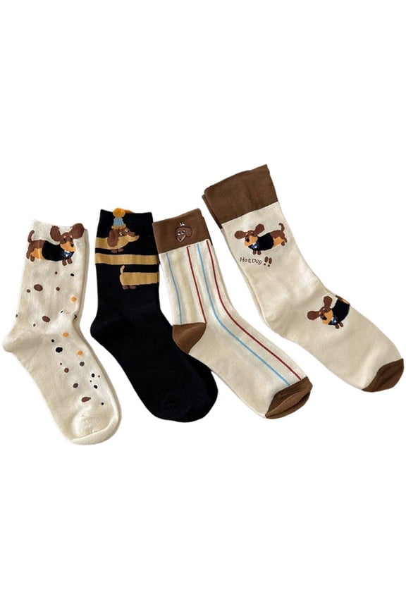 4pair Cute Cartoon Dachshund Women's Socks Kawaii Harajuku Breathable Autumn Winter Fashion Dog Socks Women Business Christmas Gifts